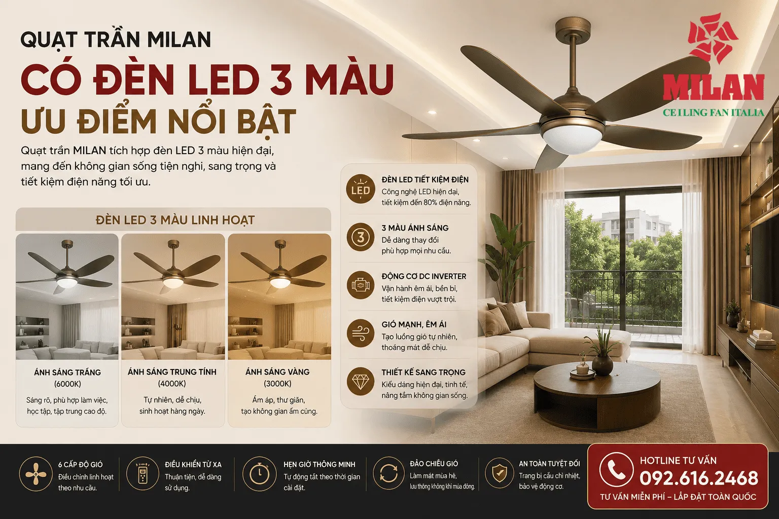 quạt trần đèn led 3 màu